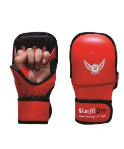 Boom Pro Boxing Gloves Sparring Muay Thai Kick Punch Bag Fight MMA Training Mitts Grappling Training Ideal For Serious MMA Trainers and Professionals for Sparring and Heavy Bag Training Made up of Premium Cow Hide Leather with open palm design Provides unmatched Durability and Grappling ability, Refined glove shape for improved finger flexibility and hand protection Padded with extra-thick pre-curved high Density GEL Integrated latex foam core for the ultimate impact absorption and to protect against training injuries. Ideal for all stand up striking and grappling training. Very light weight yet. Durable design with Full wrist wrap strap and Velcro Closure System provides superior wrist support and allows more customizable non slip sung fitting Padded thumb for improved thumb protection during sparring Special Lining draws sweat away from the skin and Improves performance of the trainer. Features Made Up of Premium High Grain Cow Hide Leather. Padded with more than 1.5' GEL integrated High Density Latex Foam Core. Tough and Stain Resistant allows Easy Cleaning. Padded thumb for Extra Thumb Protection. AMARA inner lining to repel moisture and Absorbes Sweat. High density injection Molded foam core with multilayers of Gel Lining Delivers Unmatched protection during Training. Open Palm Design Improves Grappling.