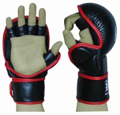 Boom Pro Boxing Gloves Sparring Muay Thai Kick Punch Bag Fight MMA Training Mitts Grappling Training Ideal For Serious MMA Trainers and Professionals for Sparring and Heavy Bag Training Made up of Premium Cow Hide Leather with open palm design Provides unmatched Durability and Grappling ability, Refined glove shape for improved finger flexibility and hand protection Padded with extra-thick pre-curved high Density GEL Integrated latex foam core for the ultimate impact absorption and to protect against training injuries. Ideal for all stand up striking and grappling training. Very light weight yet. Durable design with Full wrist wrap strap and Velcro Closure System provides superior wrist support and allows more customizable non slip sung fitting Padded thumb for improved thumb protection during sparring Special Lining draws sweat away from the skin and Improves performance of the trainer. Features Made Up of Premium High Grain Cow Hide Leather. Padded with more than 1.5' GEL integrated High Density Latex Foam Core. Tough and Stain Resistant allows Easy Cleaning. Padded thumb for Extra Thumb Protection. AMARA inner lining to repel moisture and Absorbes Sweat. High density injection Molded foam core with multilayers of Gel Lining Delivers Unmatched protection during Training. Open Palm Design Improves Grappling.