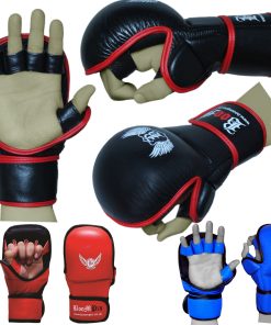 Boom Pro Boxing Gloves Sparring Muay Thai Kick Punch Bag Fight MMA Training Mitts Grappling Training Ideal For Serious MMA Trainers and Professionals for Sparring and Heavy Bag Training Made up of Premium Cow Hide Leather with open palm design Provides unmatched Durability and Grappling ability, Refined glove shape for improved finger flexibility and hand protection Padded with extra-thick pre-curved high Density GEL Integrated latex foam core for the ultimate impact absorption and to protect against training injuries. Ideal for all stand up striking and grappling training. Very light weight yet. Durable design with Full wrist wrap strap and Velcro Closure System provides superior wrist support and allows more customizable non slip sung fitting Padded thumb for improved thumb protection during sparring Special Lining draws sweat away from the skin and Improves performance of the trainer. Features Made Up of Premium High Grain Cow Hide Leather. Padded with more than 1.5' GEL integrated High Density Latex Foam Core. Tough and Stain Resistant allows Easy Cleaning. Padded thumb for Extra Thumb Protection. AMARA inner lining to repel moisture and Absorbes Sweat. High density injection Molded foam core with multilayers of Gel Lining Delivers Unmatched protection during Training. Open Palm Design Improves Grappling.