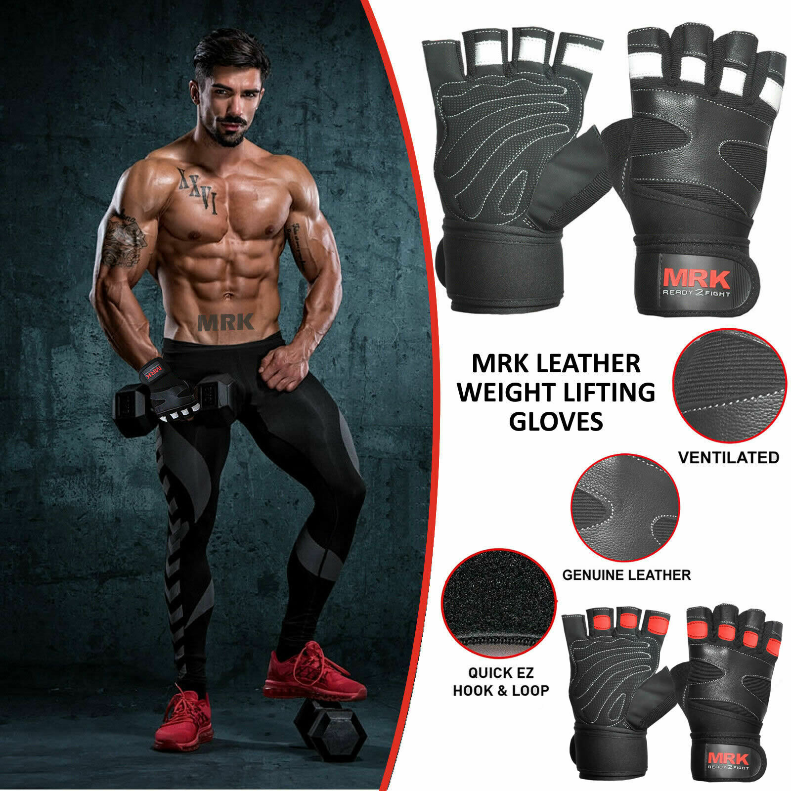 Boom Leather Weightlifting Gym Gloves Training Body Building Wrist Straps UK - Image 3